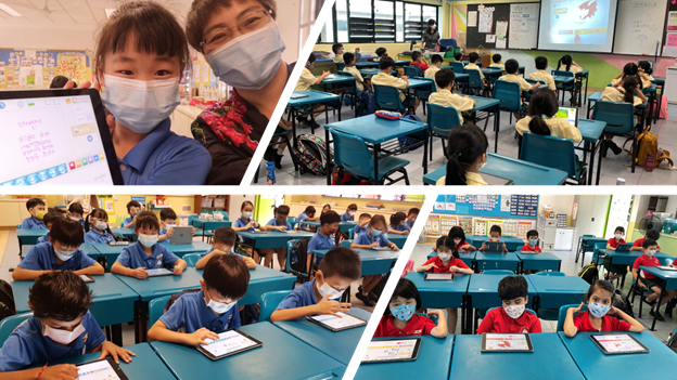 Four school scenes showing masked students using tablets in classrooms, with one selfie of a child and adult with a tablet.
